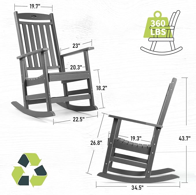 FUNBERRY Outdoor Rocking Chairs, HDPE All Weather Poly Lumber Rocker, High Back Patio Rockers Easy Assembly