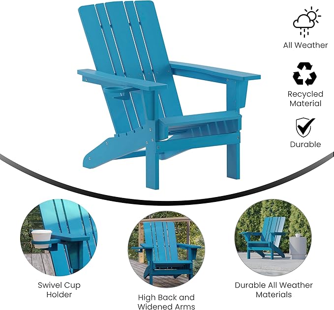 Flash Furniture Halifax Adirondack Chairs with Cup Holders, Weather Resistant Poly Resin Adirondack Chairs, Set of 2, Blue