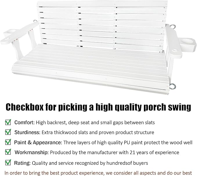 Wooden Porch Swing 3-Seater, High Backrest and Deep Seat, Bench Swing with Cupholders, Hanging Chains and 7mm Springs - Photo 4