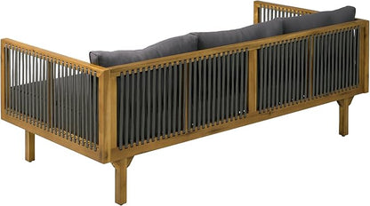 Merax Acacia Wood Outdoor Patio Loveseat Sofa w/Coushion and & Light Brown Rope, 3-Seater Sofa Daybed for Backyard, Lawn, Deck, Balcony, Water Repellent Fabric, 600 lbs Capacity,Teak + Gray