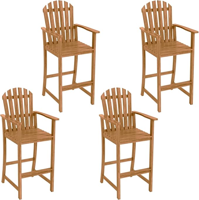 Tangkula Tall Adirondack Chair, Outdoor Acacia Wood Bar Stool with Back, Armrests and Footrest, Bar Height Patio Chair for Balcony, Porch, Deck and Backyard (4,Natural)