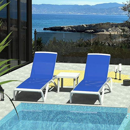 Domi Patio Chaise Lounge Chair Set of 3,Outdoor Aluminum Polypropylene Sunbathing Chair with Adjustable Backrest,Arm,Side Table,for Beach,Yard,Balcony,Poolside(2 Blue Chairs + 1 Side Table)