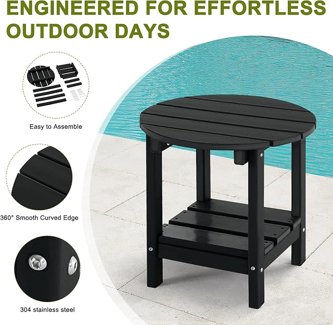 Set 2 Adirondack Outdoor Side Tables, 2-Tier Round Outdoor Table, Weather Resistant HDPE Patio End Table for Garden, Lawn, Pool, Beach, Porch, Deck, Backyard - Black