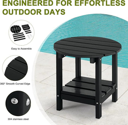 Set 2 Adirondack Outdoor Side Tables, 2-Tier Round Outdoor Table, Weather Resistant HDPE Patio End Table for Garden, Lawn, Pool, Beach, Porch, Deck, Backyard - Black
