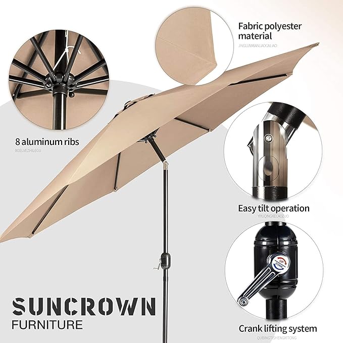 SUNCROWN 7 Pieces Outdoor Dining Set Metal Swivel Cushioned Chairs Patio Furniture Sets with Steel Slat Bistro Table and Brown 10Ft Patio Umbrella for Backyard, Lawn, Garden, Deck, Poolside