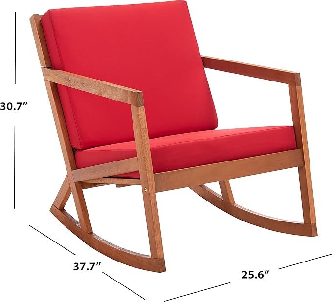 Safavieh Outdoor Collection Vernon Wood Cushion Rocking Chair PAT7013R, Natural/Red