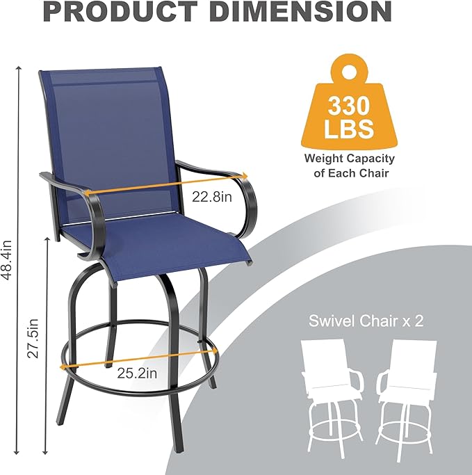 Swivel Bar Stools 2-Piece Set, Outdoor Patio Bar Height Chairs with Rust-Resistant Metal Frame & All-Weather Textile, Taupe High Top Stools for Garden, Balcony, Backyard(Black)