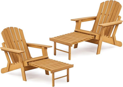 SoliWood Set of 2 Oversized Outdoor Wooden Folding Adirondack Chair with Retractable Ottoman, Wood Patio Chair with Footrest for Garden Backyard Porch Pool Deck Firepit