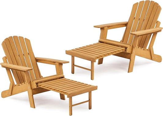 SoliWood Set of 2 Oversized Outdoor Wooden Folding Adirondack Chair with Retractable Ottoman, Wood Patio Chair with Footrest for Garden Backyard Porch Pool Deck Firepit