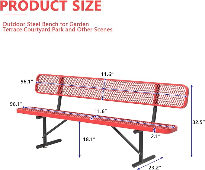96" Metal Park Benches for Outside - Red Outdoor Benches Heavy Duty Garden Weatherproof Bench with Backrest, Buddy Bench for Schools,Commercial Benches for Shopping Mall, Store, Yard, Patio