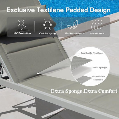 Domi Patio Chaise Lounge Set of 3, Outdoor Lounge Chair, Aluminum Textilene Padded 5 Position Pool Lounger, Stackable Lounge Chair w/Headrest, Wheels, Side Table, for Beach Backyard Lawn, Grey