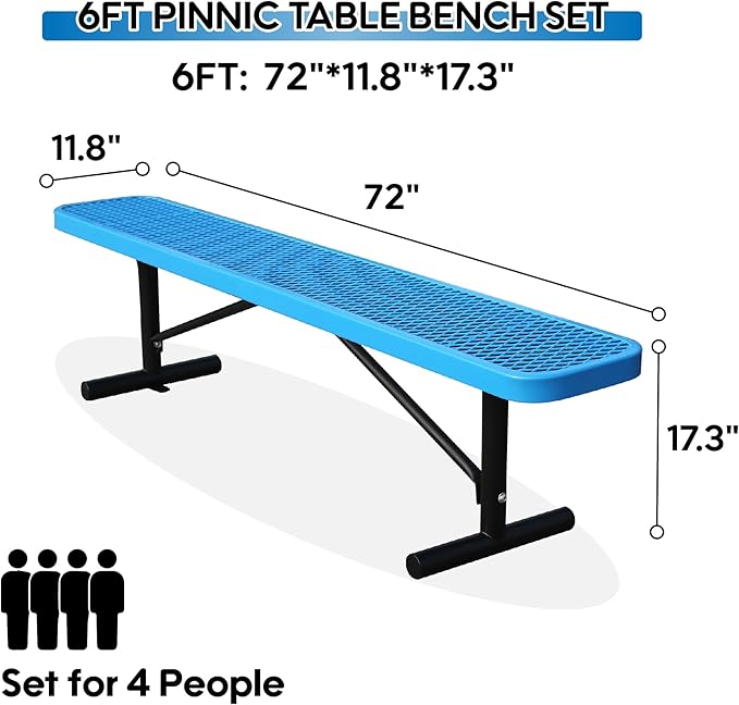 6 Ft Metal Park Benches for Outside, Outdoor Backless Bench with Thermoplastic Coating, Portable Frame, Commercial Expanded Metal Mesh Bench for Shopping Mall, Store, Park, Patio, Deck, Blue