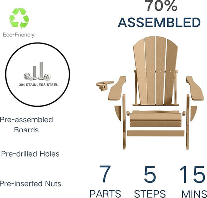 Foldable Adirondack Chair with Cup Holder-Heavy Duty Recycled HDPE Outdoor Patio Furniture, Weather Resistant Deck Lawn Fire Pit Chair (Brown, 4 Chair)
