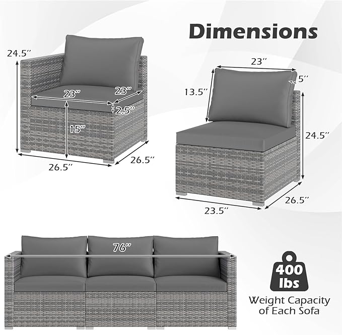 Tangkula 3 Seat Outdoor Wicker Sofa Set, Modular PE Rattan Patio Cushioned Sectional Couch Set - Photo 3