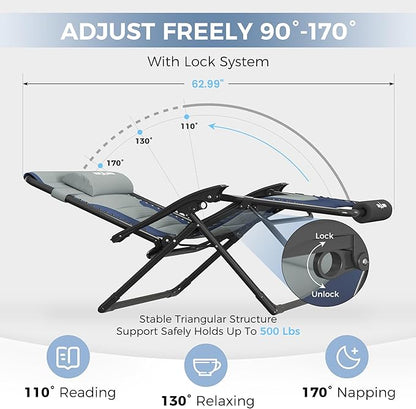 UDPATIO Oversized Zero Gravity Chair, Outdoor Full Padded Recliner, Patio Folding Adjustable Reclining Seat with Cup Holder, Footrest & Headrest for Camping Indoor, 500LBS Support,Gray/Blue,29in