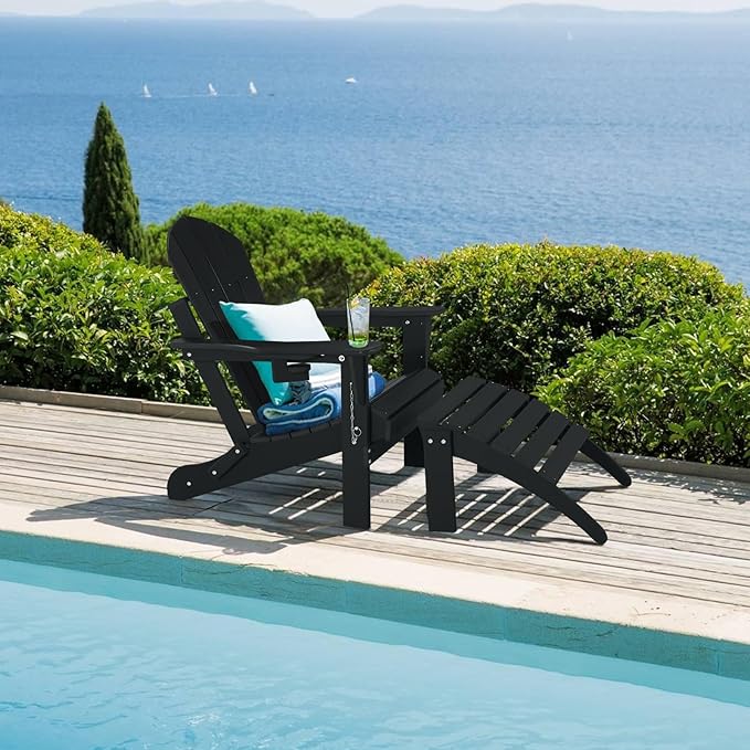Adirondack Footrest - Outdoor Weather Resistant Adirondack Footrest, Ottoman, Chair Companion, Folding Footstool for Patio, Pool, Garden, Backyard & Lawn (Black)