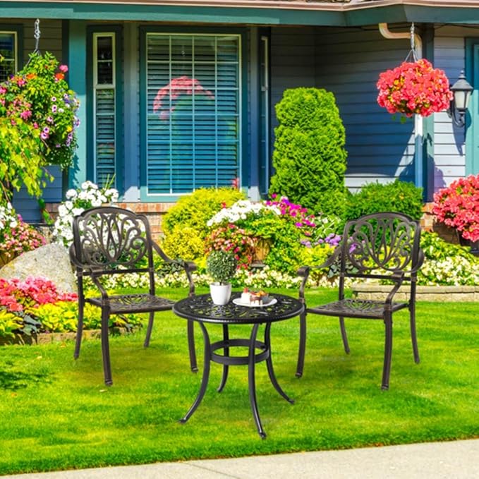 Patio Cast Aluminum Side Table with Umbrella Hole, Outdoor End Table Small Round Coffee Table for Backyard, Garden - Photo 4