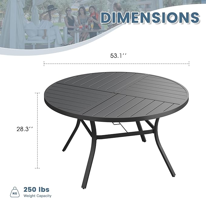DIFY 53.1" Round Outdoor Patio Dining Table for 6-8, All-Weather Metal Steel Slatted Patio Table with 1.57" Adjustable Umbrella Hole, for Lawn Garden Porch Backyard, Black