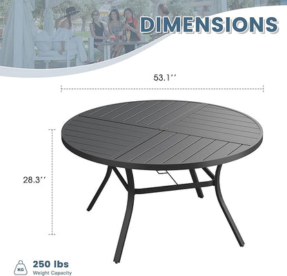 DIFY 53.1" Round Outdoor Patio Dining Table for 6-8, All-Weather Metal Steel Slatted Patio Table with 1.57" Adjustable Umbrella Hole, for Lawn Garden Porch Backyard, Black