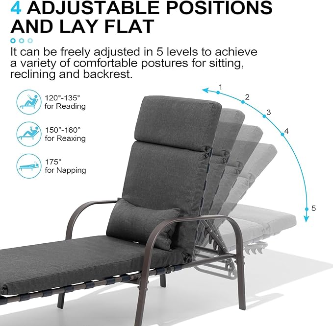 Crestlive Products Chaise Lounge Chair Outdoor with Cushion & Pillow, Adjustable 5 Position Pool Recliner for Outside, Outdoor Lounge Furniture All Weather for Patio, Beach, Yard, Pool (1PC Dark Gray)