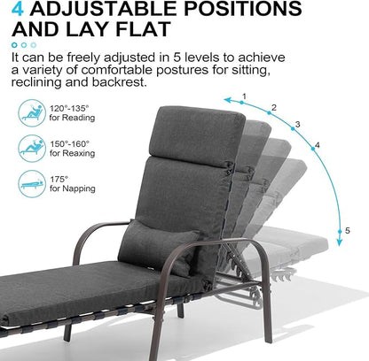 Crestlive Products Chaise Lounge Chair Outdoor with Cushion & Pillow, Adjustable 5 Position Pool Recliner for Outside, Outdoor Lounge Furniture All Weather for Patio, Beach, Yard, Pool (1PC Dark Gray)