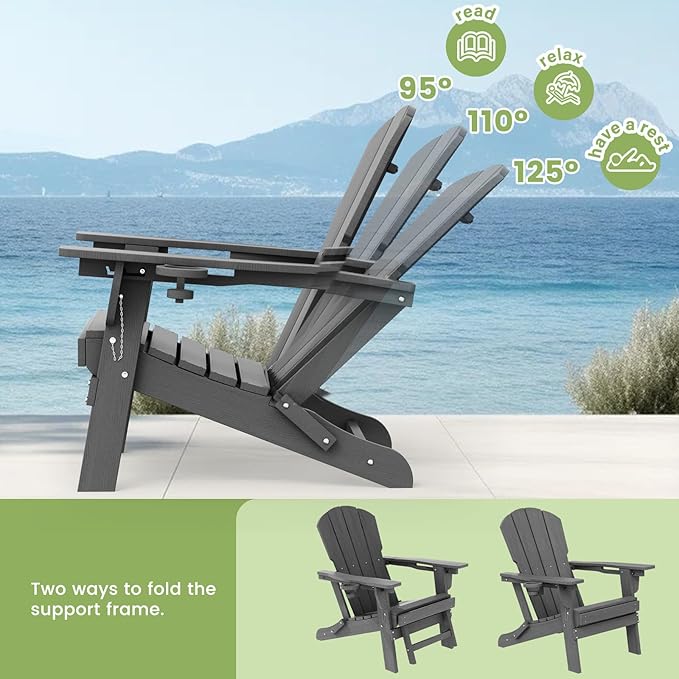 LOUNZY Folding Adjustable Adirondack Chair with Retractable Ottoman, HDPE Recliner Adirondack Chair with Cup Holder for Deck Lawn Fire Pit,Grey