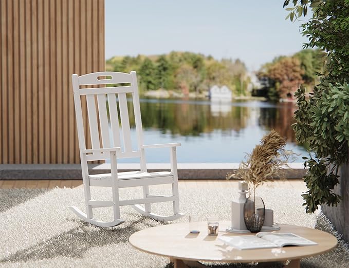 Outdoor Rocking Chair, High Back HDPE Patio Chair, All Weather Rocker Porch Chair, Lawn Chair for Deck, Porch, Backyard, Garden and Indoor, White
