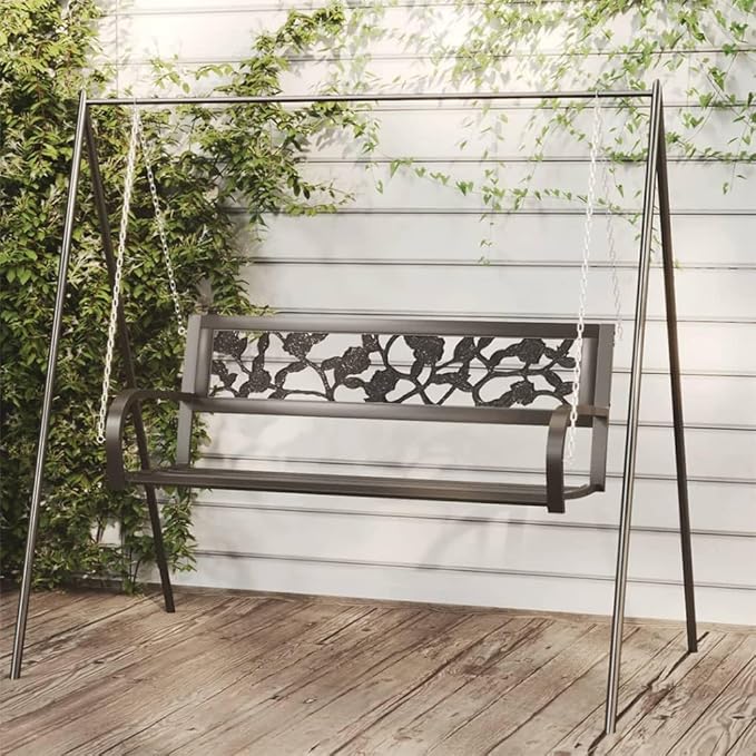 Patio Swing Bench, Chain Suspension Seat, Outdoor Garden Bench with Arms and Back for Patio, Backyard, Garden, Poolside and Living Room,49.2" Steel and Plastic Black