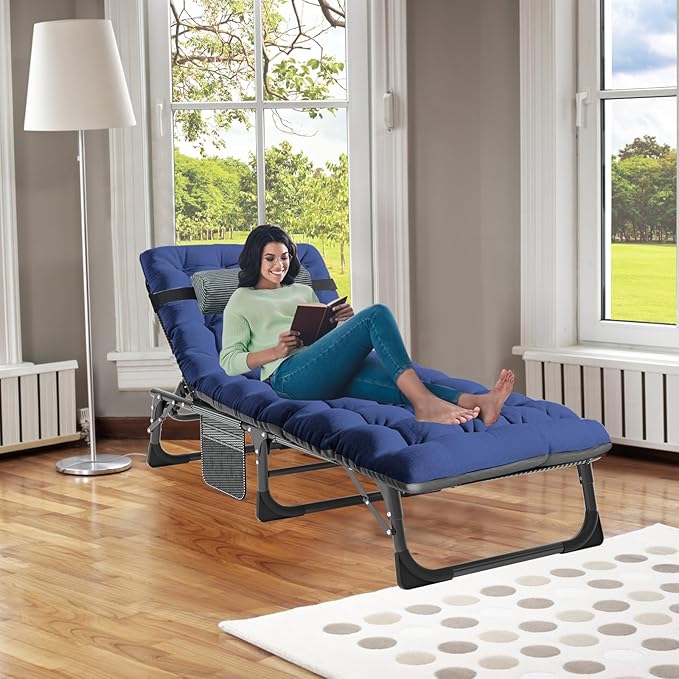 ABORON 3-in-1 Folding Patio Lounge Chair, 440LB Heavy-Duty Tri-Fold Guest Bed with Plush Cotton Cushion, No Assembly Adjustable Recliner for Office Nap, Patio Sunbathing, Poolside & Camping
