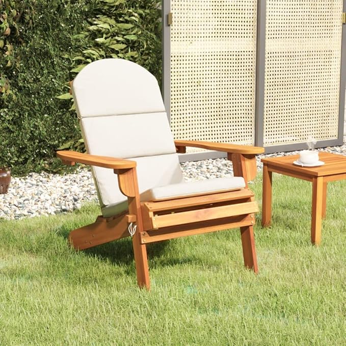 Adirondack Patio Chair with Cream Cushions Solid Acacia Wood Foldable Outdoor Lounge Chair for Poolside, Beach, Garden - Photo 1