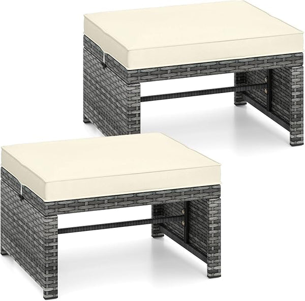 RELAX4LIFE Wicker Outdoor Ottoman Set of 2 - Rattan Footstools Foot Rest w/Removable Cushions - Photo 1