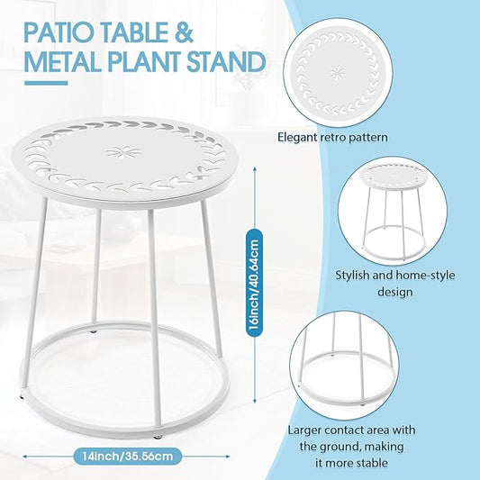 Outdoor Side Table with Flower Cut Outs 14" Weather Resistant Metal Patio Side Tables Small Plant Stand Round Outdoor End Table for Patio Outside Porch Balconies Garden(White,Simple)