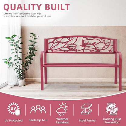 Perched Birds Metal Park Patio Bench, Outdoor Bench in Red for Porch, Lawn, Garden, Deck by Sun-Ray