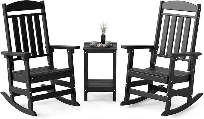 FOOWIN 3-Piece Outdoor Rocking Chairs Set, High Back Patio Rocker with Side Table, HDPE All Weather Resistant Oversized Rocking Chairs for Indoors, Porch, Patio, Backyard, Black (Black, 3-Set)