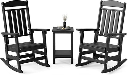 FOOWIN 3-Piece Outdoor Rocking Chairs Set, High Back Patio Rocker with Side Table, HDPE All Weather Resistant Oversized Rocking Chairs for Indoors, Porch, Patio, Backyard, Black (Black, 3-Set)