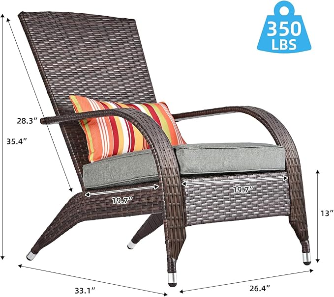 Wicker Adirondack Chair Fire Pit Chairs Oversized Comfy Patio Chairs Outdoor Wicker Rattan Chairs with Cushion Grey Low Deep Seating High Back with Pillow for Outside Backyard Deck Porch Lawn