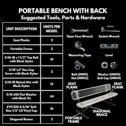 COATEDOUTDOORFURNITURE Heavy-Duty Portable Outdoor Bench Thermoplastic Coated, Expanded Metal, Commercial-Grade Seating, Made in America (Portable with Back, 8 Ft, Textured Brown)