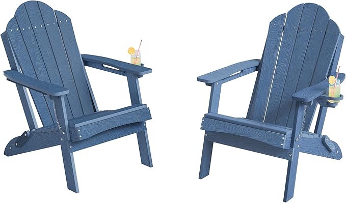 Foldable HDPE Adirondack Chairs Set of 2, Pool, Beachside, Poolside, Weather Resistant Outdoor Chairs, Hidden Cup Holder, Blue