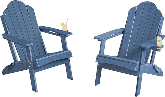 Foldable HDPE Adirondack Chairs Set of 2, Pool, Beachside, Poolside, Weather Resistant Outdoor Chairs, Hidden Cup Holder, Blue