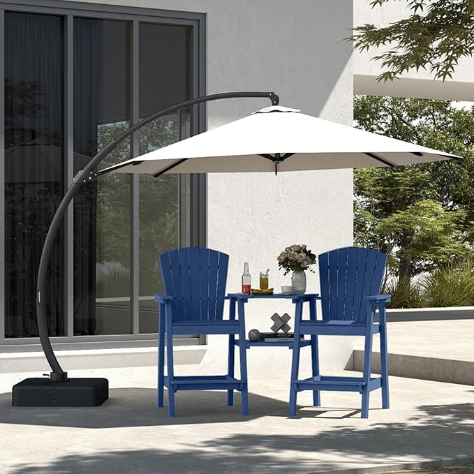 Navy Blue HDPE Tall Adirondack Chair Set of 2 with Beige 11FT Cantilever Umbrella, All-Weather Outdoor Bar Height Chairs with Trays & Umbrella Hole for Balcony