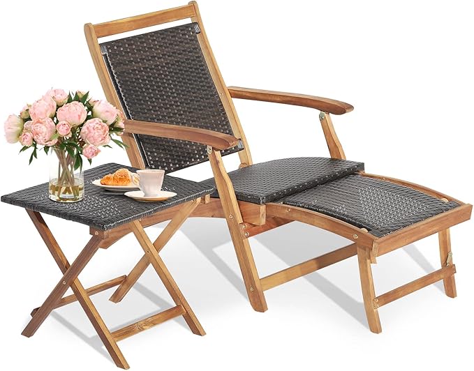 Tangkula Patio Lounge Chair and Side Table Set, Acacia Wood Wicker Folding Table and Armrest Chair with Retractable Ottoman, Outdoor Chaise Lounger for Garden, Backyard, Poolside, Balcony