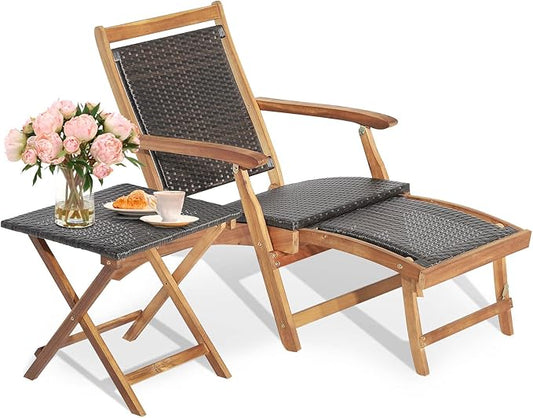 Tangkula Patio Lounge Chair and Side Table Set, Acacia Wood Wicker Folding Table and Armrest Chair with Retractable Ottoman, Outdoor Chaise Lounger for Garden, Backyard, Poolside, Balcony