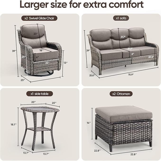 Swivel Patio Chairs sofa Set of 6 - 6" Thick Cushion - Wicker Outdoor Swivel Rocker Patio Chair ,Sofa/Glass coffee - Photo 2