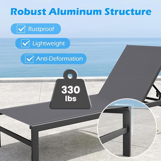 HAPPYGRILL Aluminum Chaise Lounge Chair, Heavy-Duty Patio Recliner W/ 6-Level Backrest & Breathable Fabric - Photo 5