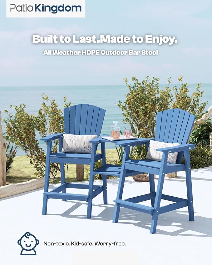 Navy Blue HDPE Tall Adirondack Chair Set of 2 with Beige 11FT Cantilever Umbrella, All-Weather Outdoor Bar Height Chairs with Trays & Umbrella Hole for Balcony