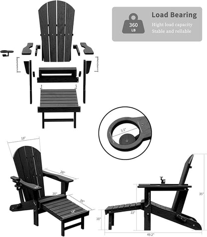 Folding Adirondack Chairs with Retractable Ottoman, HDPE Adirondack Chair with Cup Holder, All Weather Fire Pit Chair for Patio, Garden, Poolside (Two Chairs)