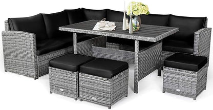 COSTWAY 7 PCS Wicker Outdoor Conversation Set, Patio Sectional Furniture Sofa Set with Table & Seat Cushions, Rattan Furniture Sets for Backyard Garden Poolside Porch, Black
