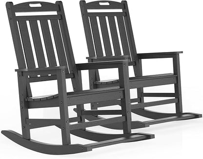 LOUNZY Outdoor Rocking Chair with Footboards Set of 2, HDPE Rocking Chair Patio Porch Rocker with 380lbs Support for Adult, Grey