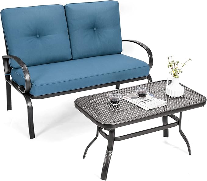 Giantex Patio Loveseat with Coffee Table Outdoor Bench with Cushion and Metal Frame, Loveseat Porch Furniture Set Sofa for Garden, Yard, Patio or Poolside (Navy & Black)