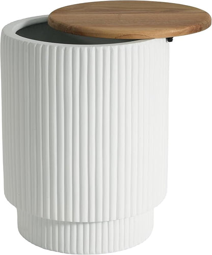 Christopher Knight Home Utara Patio Lightweight Concrete Round Coffee Table with Storage, Indoor and Outdoor End Table, MGO Outdoor Side Table with Acacia Wood Top, No Assembly, White + Brown